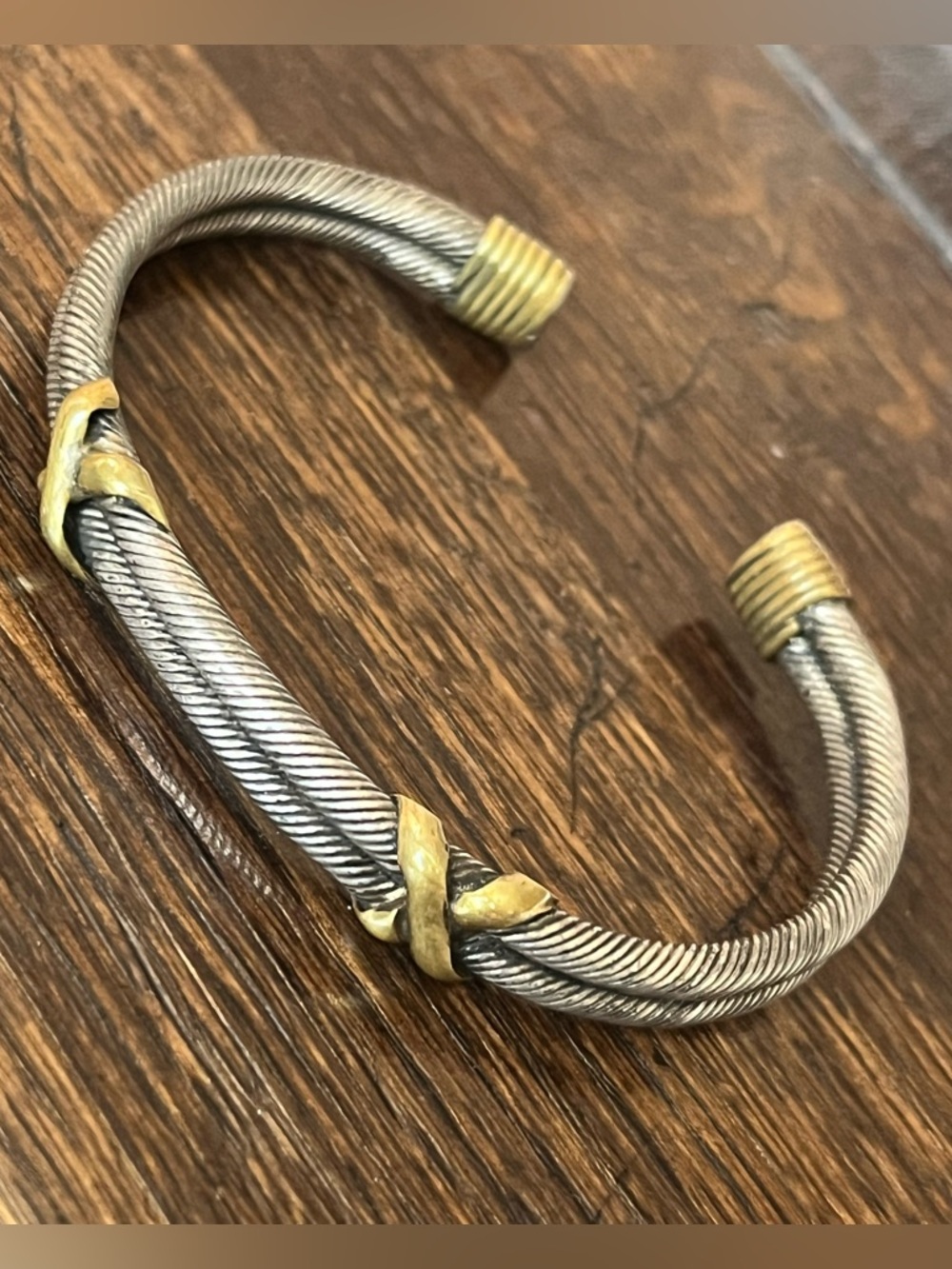 925 Oxidized Silver & Brass 2-Tone Vintage Twisted X Cuff Bracelet 26g